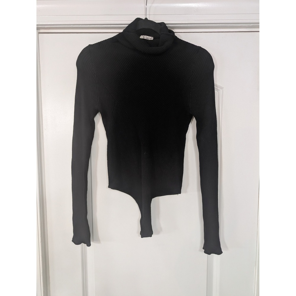 Free People Ribbed Knit Turtleneck Bodysuit Black Long‎ Sleeve medium open back